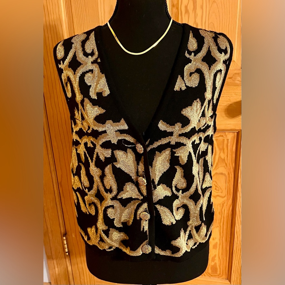 Vintage Peter Nygard Gold Metallic Knit Sweater Vest Small 90s Mob Wife Baroque - Picture 9 of 15